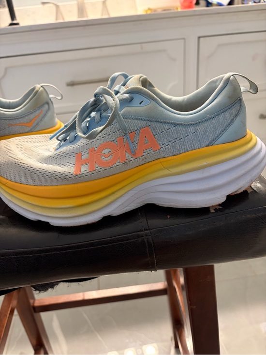 Hoka Shoes - Hoka Light Blue & Yellow Platform Running Sneakers with Peach Logo